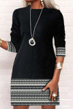 Grey Casual Print Patchwork O Neck Long Sleeve Dresses