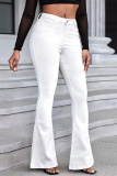 White Casual Solid Basic Mid Waist Regular Denim Jeans