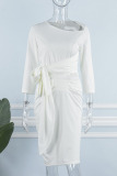 Grey Elegant Solid Bandage Patchwork Fold Asymmetrical Collar Pencil Skirt Dresses