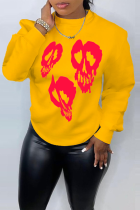 Yellow Street Party Print Skull Patchwork O Neck Tops