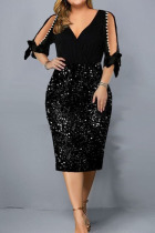 Black Sexy Casual Patchwork Hollowed Out V Neck Pencil Skirt Dresses