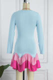 Sky Blue Casual Print Flounce O Neck Cake Skirt Dresses