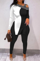 Black White Street Solid Patchwork Hot Drill One Shoulder Long Sleeve Two Pieces