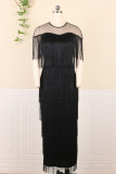 Black Sexy Formal Solid Tassel Patchwork See-through O Neck Short Sleeve Dress Dresses