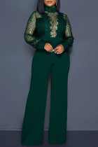 Army Green Fashion Sexy Patchwork Sequins See-through Turtleneck Regular Jumpsuits