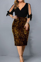 Gold Sexy Casual Patchwork Hollowed Out V Neck Pencil Skirt Dresses