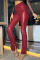 Burgundy Street Solid Patchwork Fold Skinny High Waist Pencil Solid Color Bottoms