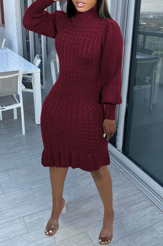 Burgundy Casual Solid Basic Turtleneck Long Sleeve Dresses