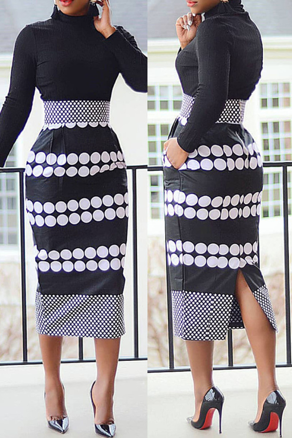 Black Casual Dot Print Patchwork Slit Turtleneck Long Sleeve Dresses