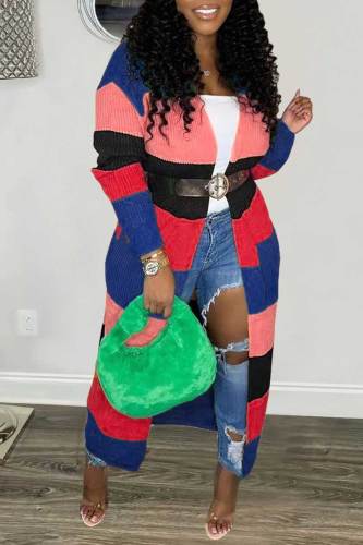 Pink Colorblock Striped Long Sweater Cardigan Women's Open Front Long Sleeve Fall Casual Plus Size Knitted Coat with Belt