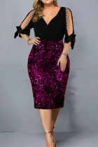 Purple Sexy Casual Patchwork Hollowed Out V Neck Pencil Skirt Dresses