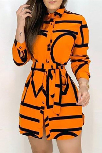 Orange Casual Print Patchwork Turndown Collar Shirt Dress Dresses