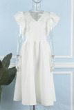 White Elegant Solid Patchwork Flounce V Neck Evening Dress Dresses