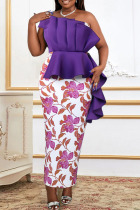Purple Elegant Print Patchwork Flounce Strapless Evening Dress Dresses