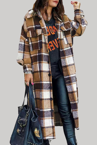 Khaki Casual Plaid Patchwork Cardigan Turndown Collar Outerwear