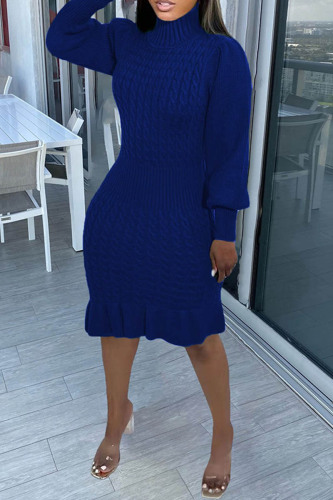 Blue Casual Solid Basic Turtleneck Long Sleeve Dresses