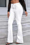 White Casual Solid Basic Mid Waist Regular Denim Jeans