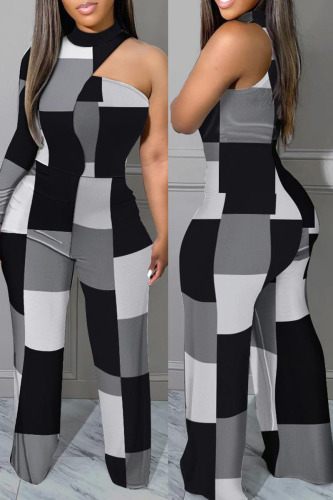 Black Gray Casual Patchwork Asymmetrical O Neck Regular Jumpsuits
