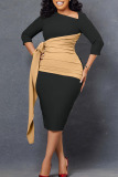 Black Elegant Print Bandage Patchwork Fold Asymmetrical Collar One Step Skirt Dresses