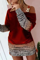 Burgundy Casual Print Lace Off the Shoulder Long Sleeve Dresses