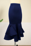 Navy Blue Elegant Solid Patchwork Flounce High Waist Straight Solid Color Bottoms