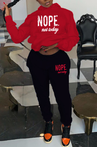 Red Casual Letter Print Basic Hooded Collar Long Sleeve Two Pieces