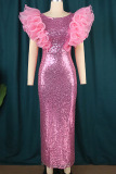 Pink Celebrities Elegant Solid Sequins Patchwork Flounce O Neck One Step Skirt Dresses