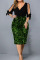 Green Sexy Casual Patchwork Hollowed Out V Neck Pencil Skirt Dresses