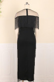 Black Sexy Formal Solid Tassel Patchwork See-through O Neck Short Sleeve Dress Dresses
