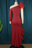 Red Elegant Patchwork Appliques Flounce Asymmetrical Evening Dress Dresses