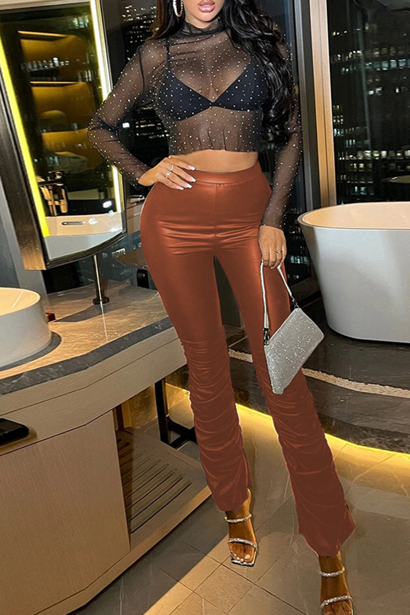 Street Bronzing Fold Regular High Waist Solid Color Bottoms