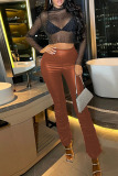 Brown Street Solid Patchwork Fold Skinny High Waist Pencil Solid Color Bottoms