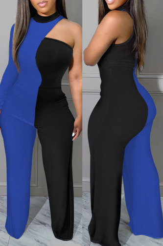 Blue Casual Patchwork Asymmetrical O Neck Regular Jumpsuits