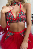 Red Sexy Print Hollowed Out Patchwork Backless Christmas Day Lingerie