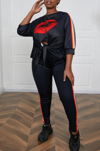Black Casual Print Bandage Patchwork O Neck Plus Size Two Pieces