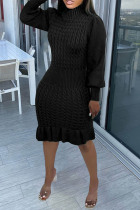 Black Casual Solid Basic Turtleneck Long Sleeve Dresses