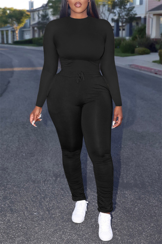 Black Casual Solid Basic O Neck Long Sleeve Two Pieces