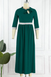 Green Casual Solid Patchwork With Bow O Neck Long Dress Dresses