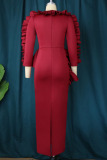Red Elegant Solid Patchwork Slit Stringy Selvedge O Neck One Step Skirt Dresses
