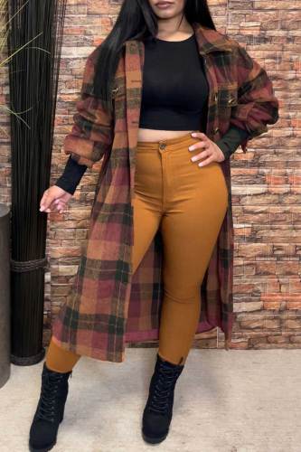 Red-brown Casual Plaid Print Patchwork Buckle Turndown Collar Outerwear
