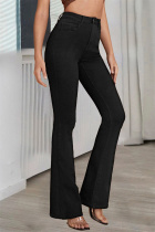 Black Casual Solid Basic Mid Waist Regular Denim Jeans