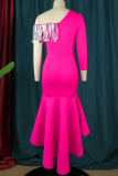 Rose Red Elegant Solid Tassel Sequins Patchwork Asymmetrical Asymmetrical Collar Trumpet Mermaid Dresses