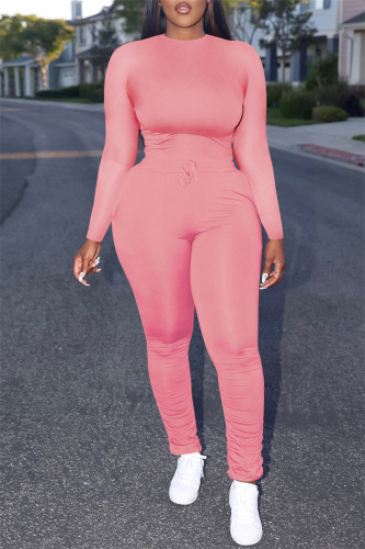 Pink Casual Solid Basic O Neck Long Sleeve Two Pieces