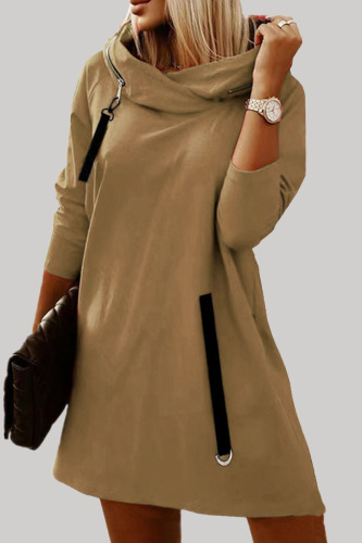 Khaki Casual Solid Patchwork Hooded Collar Long Sleeve Dresses