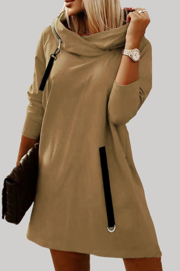 Khaki Casual Solid Patchwork Hooded Collar Long Sleeve Dresses