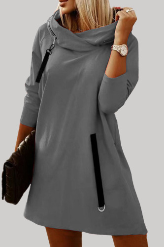 Grey Casual Solid Patchwork Hooded Collar Long Sleeve Dresses