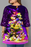 Purple Casual Print Sequins Patchwork O Neck Plus Size Tops