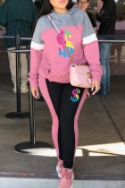 Pink Casual Print Patchwork Hooded Collar Long Sleeve Two Pieces