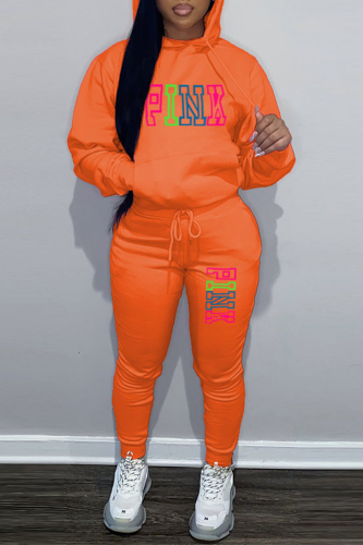 Orange Street Print Patchwork Hooded Collar Long Sleeve Two Pieces