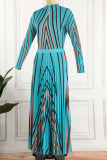 Blue Elegant Print Patchwork Fold O Neck A Line Dresses